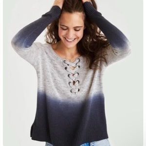 American Eagle Women’s Sweater Gray Ombre Lightweight Lace Up Knit Sweater Shirt